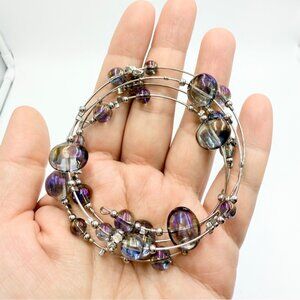 Iridescent Glass Bead Wire Wrap Bracelet – Silver Tone Multi-Color Boho Jewelry